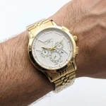 ساعت مچی مردانه سیکو طلایی صفحه سفید طرح سه موتور بند استیل با تقویم - Image 4
