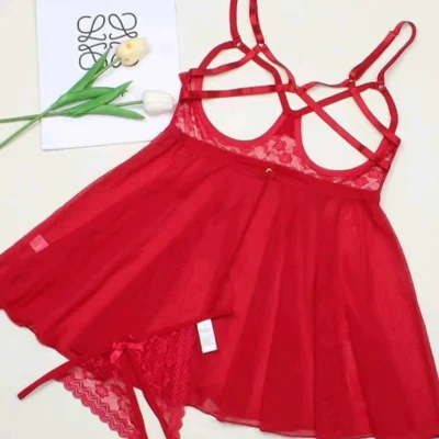 لباس خواب جذاب کوتاه حریر و دانتل +شورت فاق باز