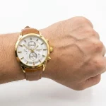 ساعت مردانه سیکو طلایی صفحه سفید بند چرمی موتور ژاپن - Image 4