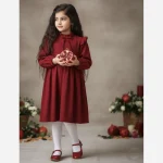 پیراهن دخترانه مخمل کبریتی یلدایی قرمز و کرم مناسب 4 تا 12 سال - Image 5
