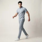 ست پولوشرت و شلوار مردانه مدل یقه فرنچ دو دکمه رنگ آبی یخی نخ پنبه ملانژ