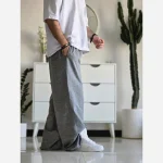 شلوار اسلش مردانه و زنانه فول بگ پارچه ملانژ طوسی سایز بزرگ XXL و XXXL - Image 4