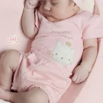 ست لباس پنبه نوزادی نیلی طرح بالرین آستین کوتاه و شلوار