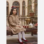 پیراهن دخترانه مخمل کبریتی یلدایی قرمز و کرم مناسب 4 تا 12 سال - Image 8