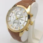 ساعت مردانه سیکو طلایی صفحه سفید بند چرمی موتور ژاپن - Image 2