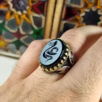 انگشتر مردانه نقره روس طرح ذوالفقار با نگین عقیق مشکی حکاکی علی - تصویر 3