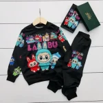 ست بلوز و شلوار بچگانه طرح لبوبو جنس اسپان دورس رنگ مشکی و طوسی سایز 40 تا 55