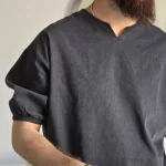 تیشرت مردانه یقه کوبایی لی کاغذی آستین کش رنگ آبی و ذغالی